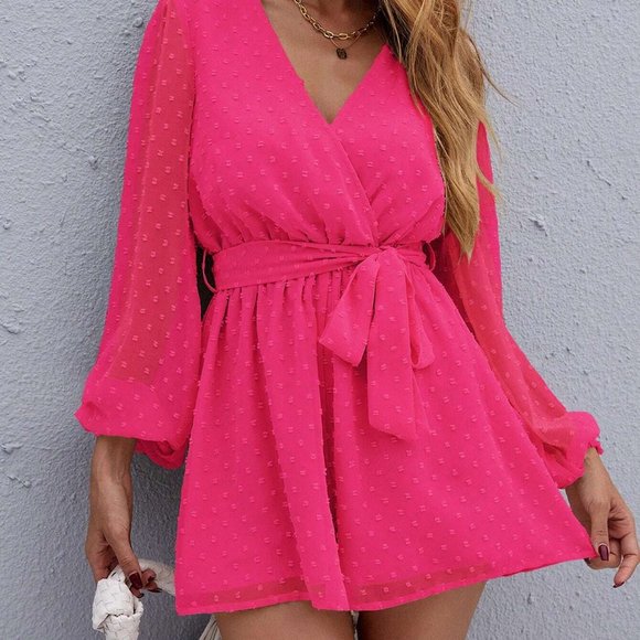 Pink Boho Womens Surplice Neck Lantern Sleeve Belted Swiss Dot Chiffon … - Picture 5 of 5